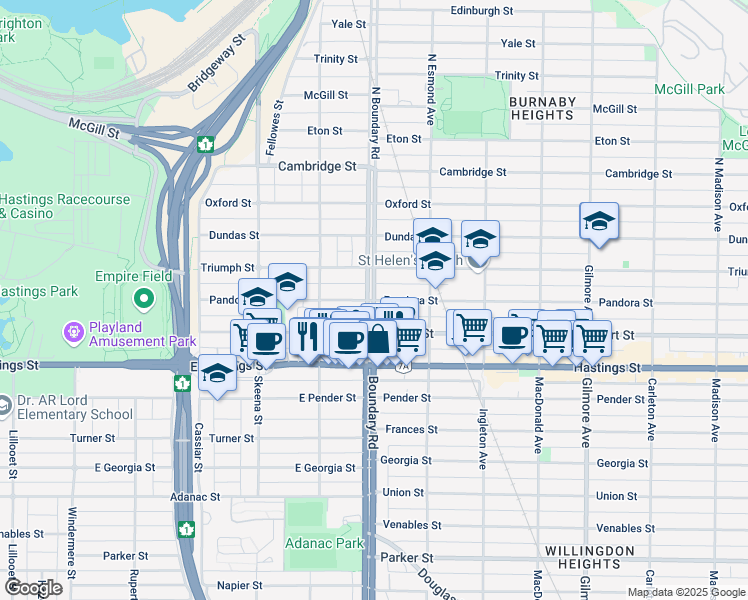 map of restaurants, bars, coffee shops, grocery stores, and more near 3710 Pandora Street in Burnaby