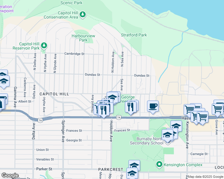 map of restaurants, bars, coffee shops, grocery stores, and more near 58 Holdom Avenue in Burnaby