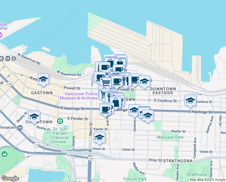 map of restaurants, bars, coffee shops, grocery stores, and more near in Vancouver