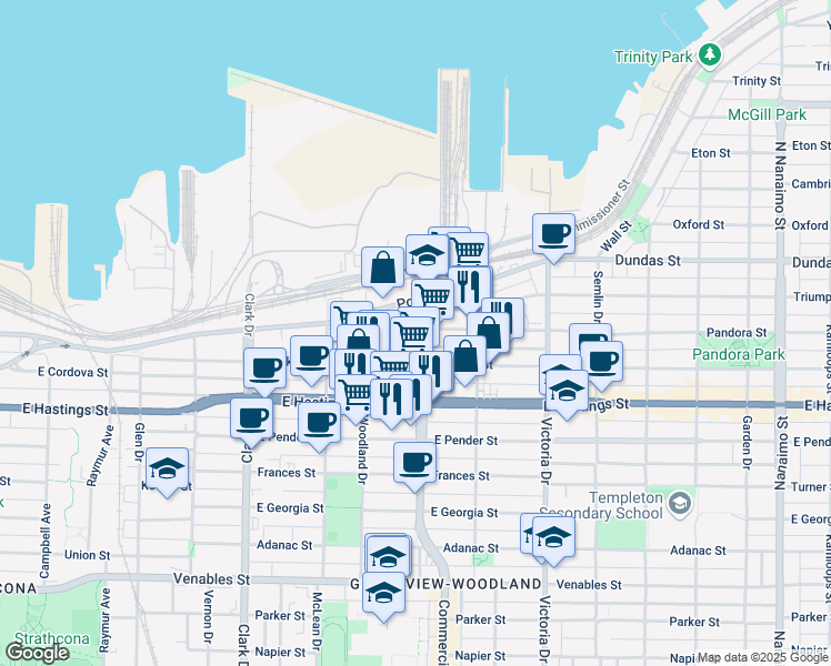 map of restaurants, bars, coffee shops, grocery stores, and more near 201 Commercial Drive in Vancouver