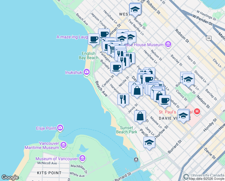 map of restaurants, bars, coffee shops, grocery stores, and more near 1347 Nicola Street in Vancouver