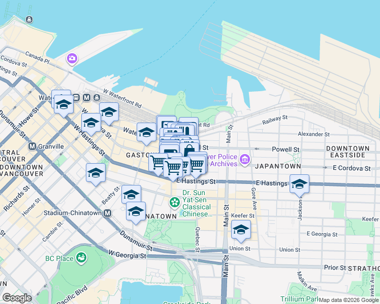 map of restaurants, bars, coffee shops, grocery stores, and more near 56 East Cordova Street in Vancouver