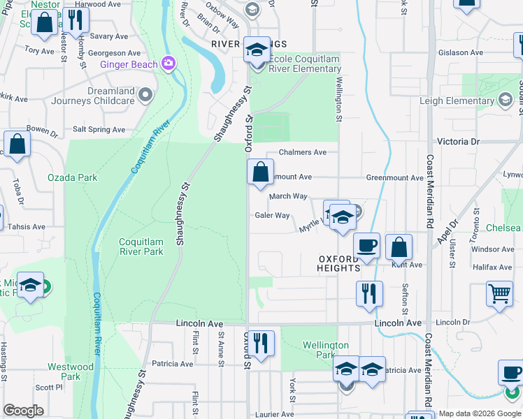 map of restaurants, bars, coffee shops, grocery stores, and more near 1861 Galer Way in Port Coquitlam
