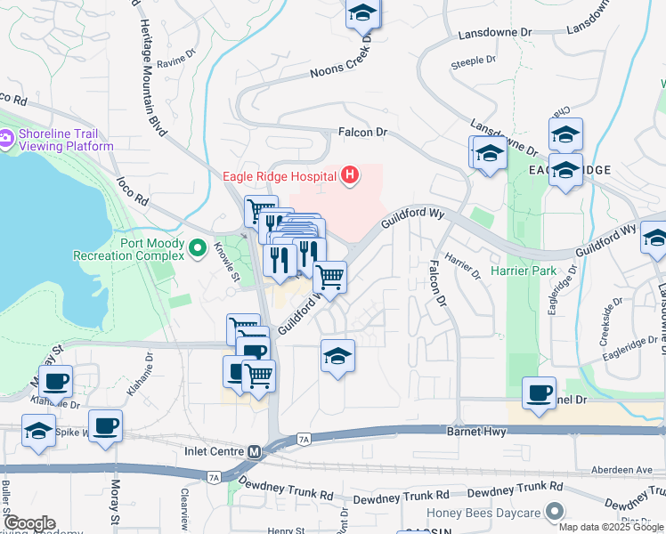 map of restaurants, bars, coffee shops, grocery stores, and more near in Port Moody