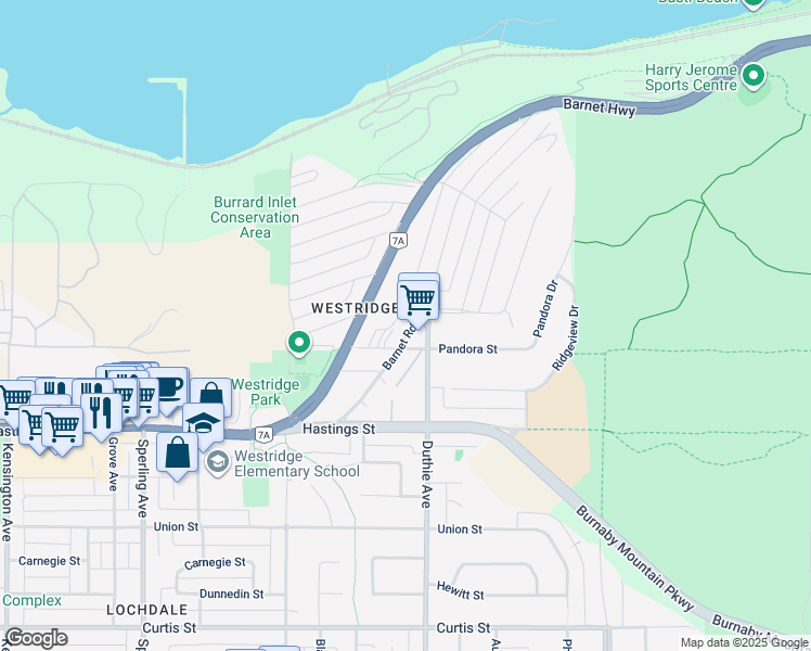 map of restaurants, bars, coffee shops, grocery stores, and more near in Burnaby