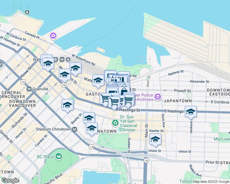 map of restaurants, bars, coffee shops, grocery stores, and more near 206 Carrall Street in Vancouver