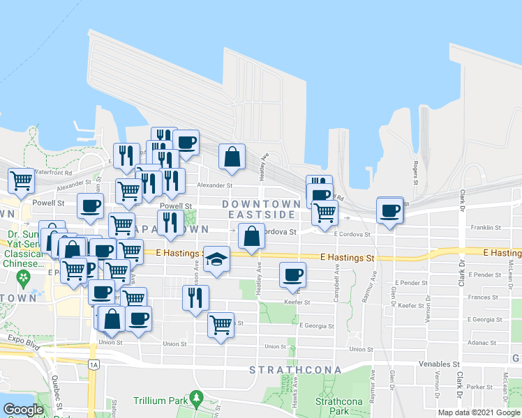 map of restaurants, bars, coffee shops, grocery stores, and more near 703 Powell Street in Vancouver