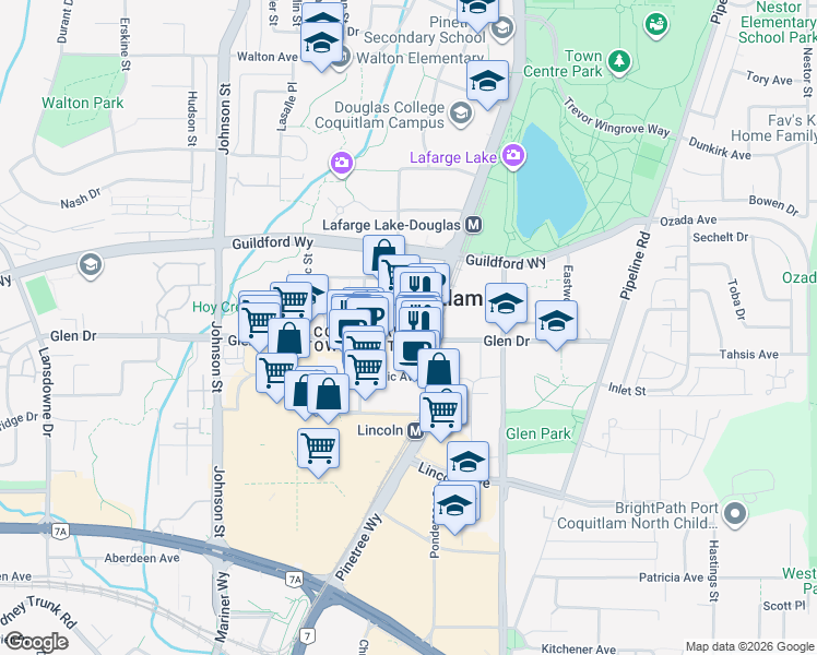 map of restaurants, bars, coffee shops, grocery stores, and more near 3007 Glen Drive in Coquitlam