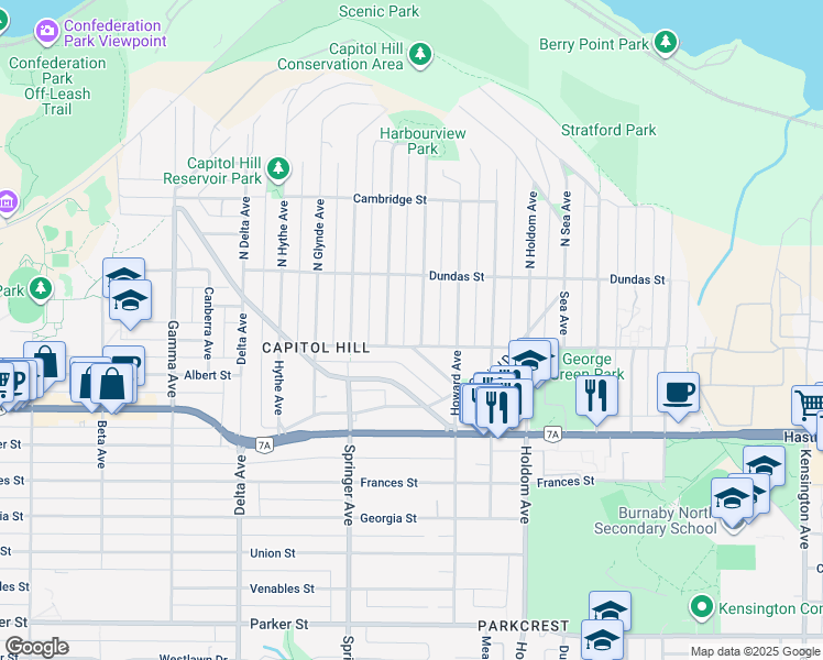 map of restaurants, bars, coffee shops, grocery stores, and more near 131 Grosvenor Avenue in Burnaby