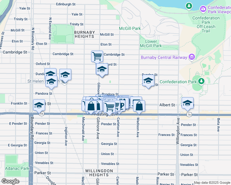 map of restaurants, bars, coffee shops, grocery stores, and more near 4171 Pandora Street in Burnaby