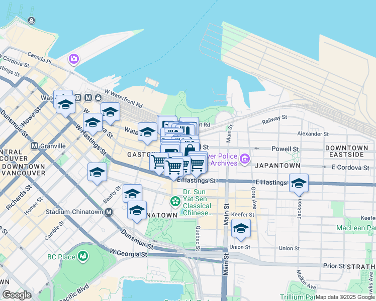 map of restaurants, bars, coffee shops, grocery stores, and more near 56 East Cordova Street in Vancouver