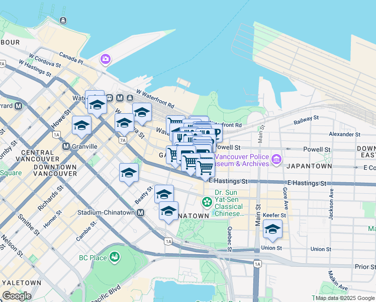 map of restaurants, bars, coffee shops, grocery stores, and more near 217 Carrall Street in Vancouver