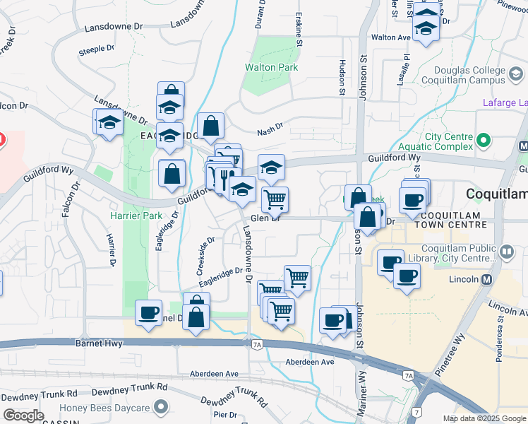 map of restaurants, bars, coffee shops, grocery stores, and more near 2601 Glen Drive in Coquitlam