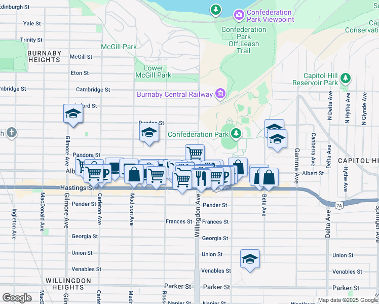 map of restaurants, bars, coffee shops, grocery stores, and more near 4461 Pandora Street in Burnaby