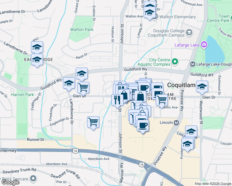 map of restaurants, bars, coffee shops, grocery stores, and more near 1188 Johnson Street in Coquitlam