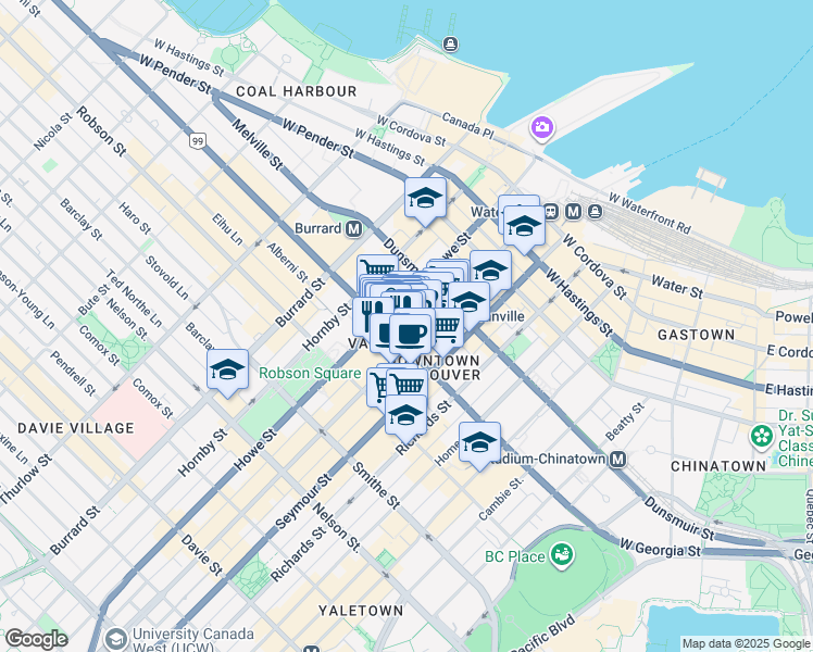 map of restaurants, bars, coffee shops, grocery stores, and more near in Vancouver