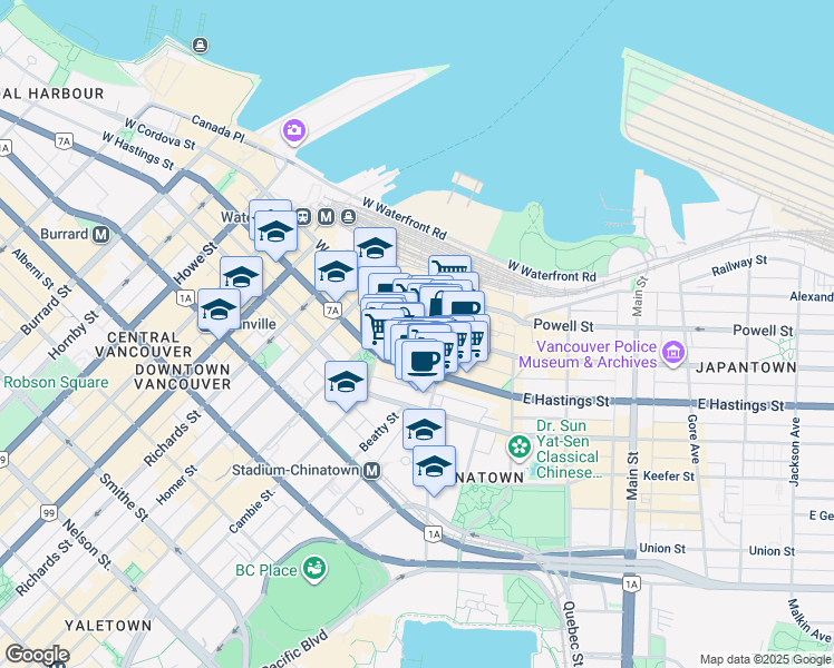 map of restaurants, bars, coffee shops, grocery stores, and more near 128 West Cordova Street in Vancouver