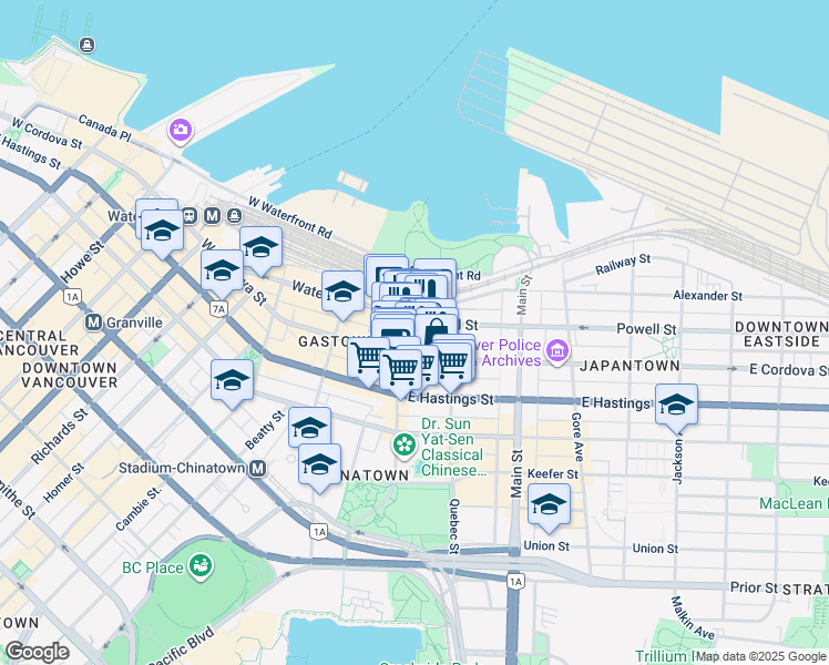 map of restaurants, bars, coffee shops, grocery stores, and more near 28 Powell Street in Vancouver
