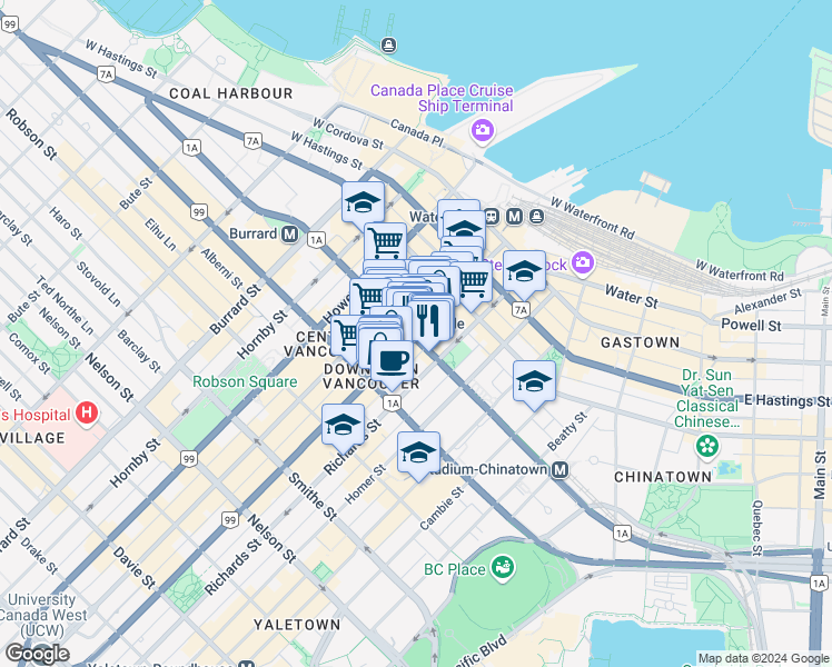 map of restaurants, bars, coffee shops, grocery stores, and more near 607 Seymour Street in Vancouver