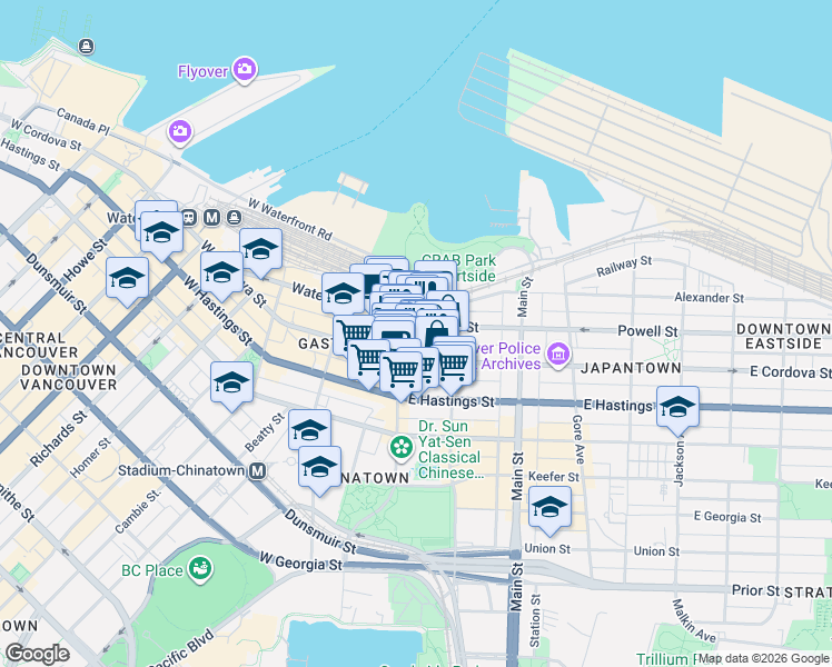 map of restaurants, bars, coffee shops, grocery stores, and more near 28 Powell Street in Vancouver