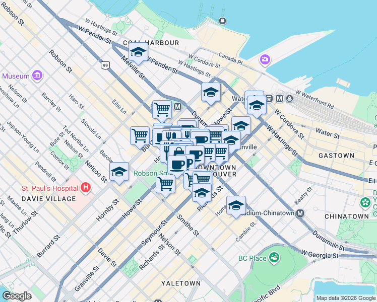 map of restaurants, bars, coffee shops, grocery stores, and more near 709 Howe Street in Vancouver
