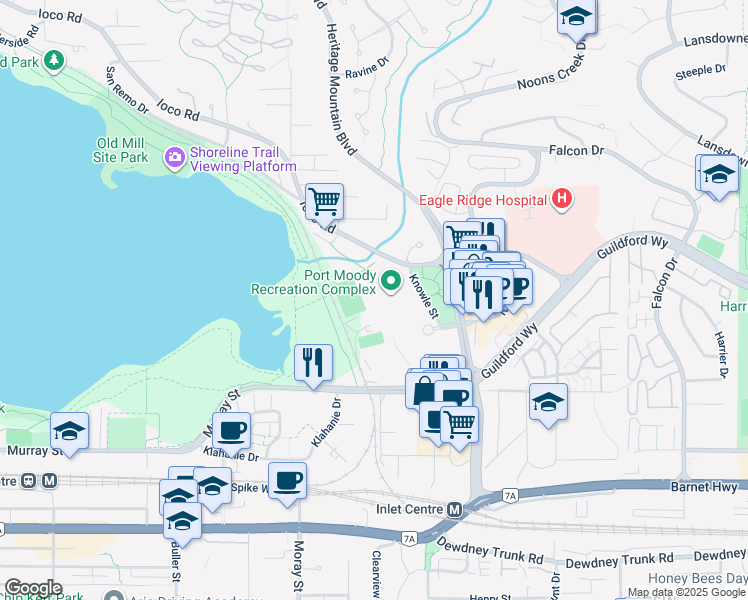 map of restaurants, bars, coffee shops, grocery stores, and more near 600 Bentley Road in Port Moody