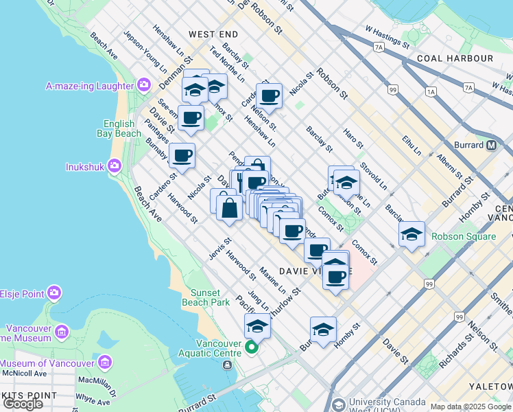 map of restaurants, bars, coffee shops, grocery stores, and more near 1305 Davie Street in Vancouver