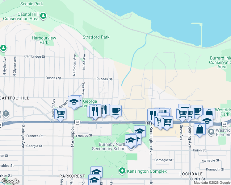 map of restaurants, bars, coffee shops, grocery stores, and more near 128 Fell Avenue in Burnaby