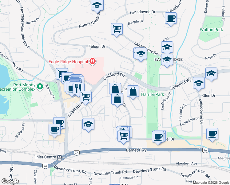 map of restaurants, bars, coffee shops, grocery stores, and more near 1180 Falcon Drive in Coquitlam