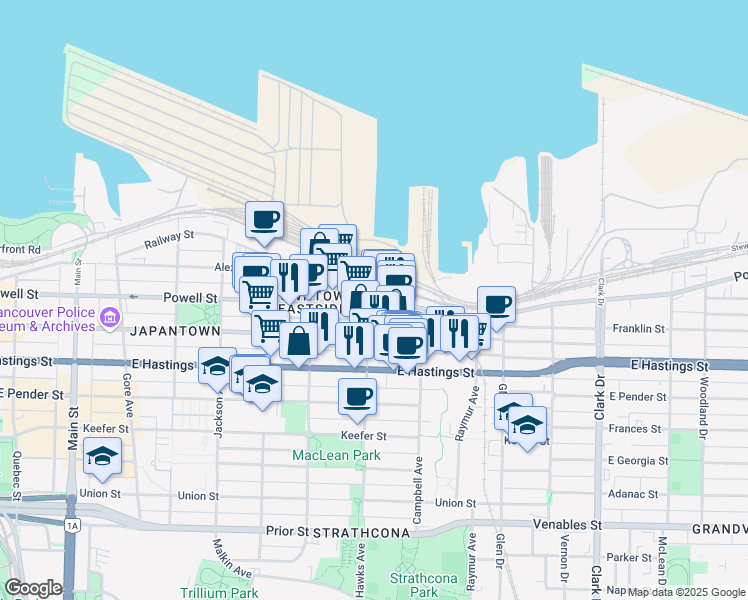 map of restaurants, bars, coffee shops, grocery stores, and more near 805 Powell Street in Vancouver