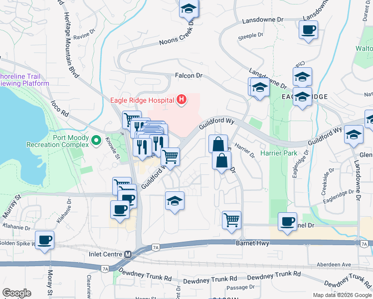 map of restaurants, bars, coffee shops, grocery stores, and more near 475 Lehman Place in Port Moody