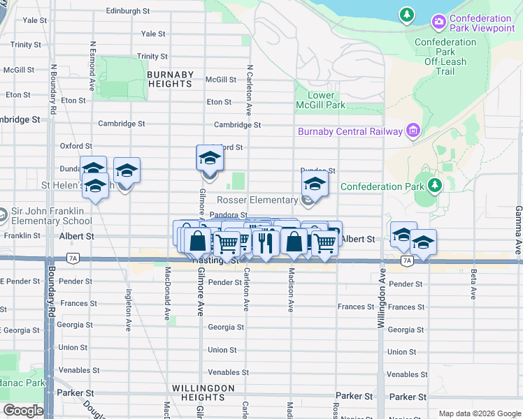 map of restaurants, bars, coffee shops, grocery stores, and more near 4227 Pandora Street in Burnaby