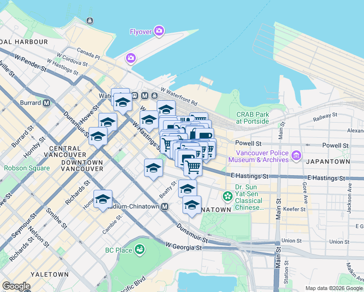 map of restaurants, bars, coffee shops, grocery stores, and more near 128 West Cordova Street in Vancouver