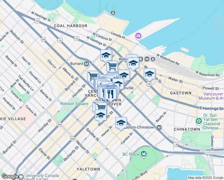 map of restaurants, bars, coffee shops, grocery stores, and more near 610 Granville Street in Vancouver
