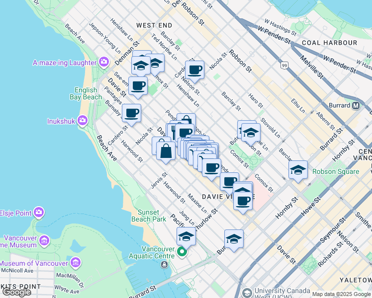 map of restaurants, bars, coffee shops, grocery stores, and more near 1171 Jervis Street in Vancouver