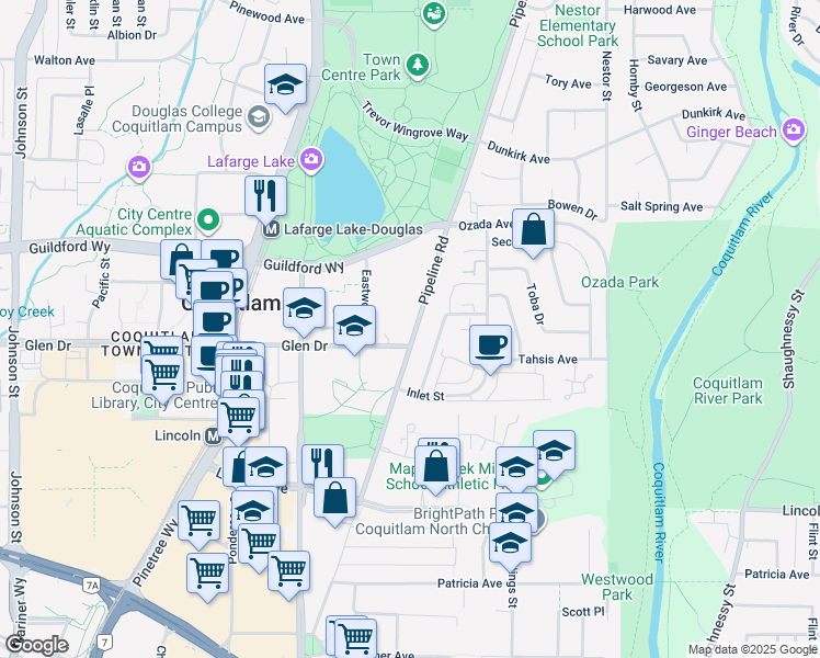 map of restaurants, bars, coffee shops, grocery stores, and more near 1175 Pipeline Road in Coquitlam