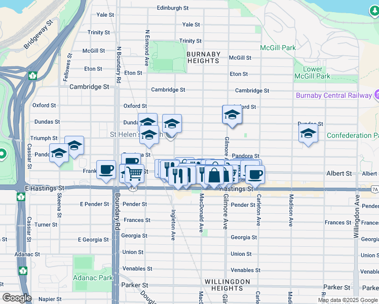 map of restaurants, bars, coffee shops, grocery stores, and more near 3934 Pandora Street in Burnaby