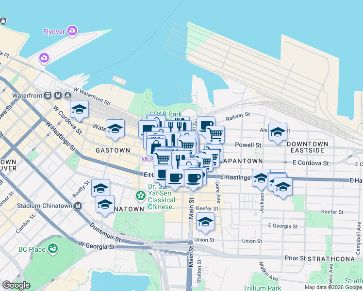 map of restaurants, bars, coffee shops, grocery stores, and more near 168 Powell Street in Vancouver
