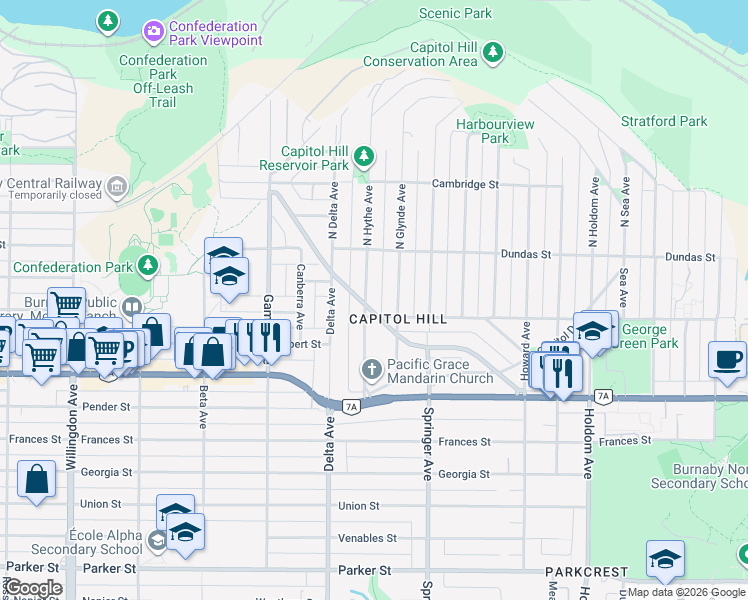 map of restaurants, bars, coffee shops, grocery stores, and more near 128 Hythe Avenue in Burnaby