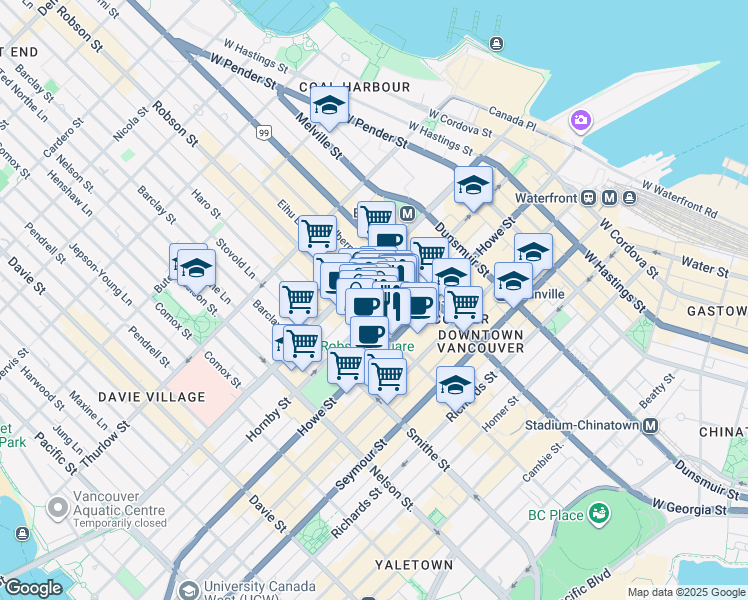 map of restaurants, bars, coffee shops, grocery stores, and more near 777 Hornby Street in Vancouver