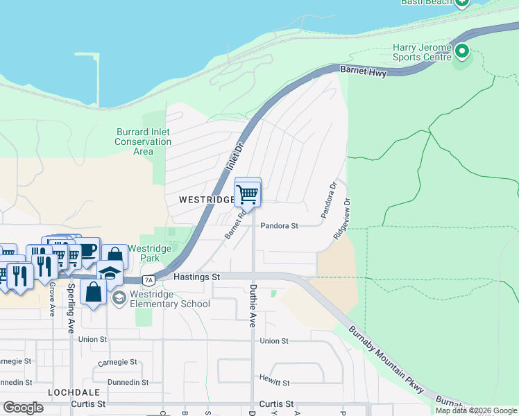 map of restaurants, bars, coffee shops, grocery stores, and more near 7204 Ridge Drive in Burnaby