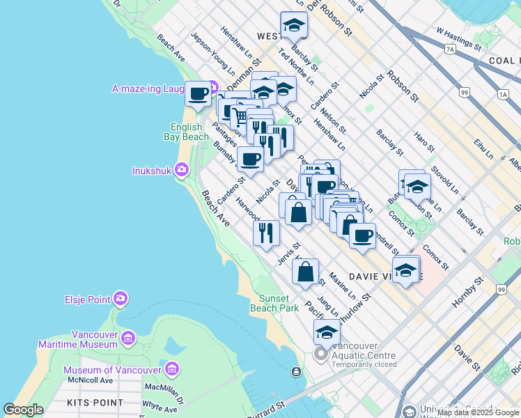 map of restaurants, bars, coffee shops, grocery stores, and more near 1280 Nicola Street in Vancouver