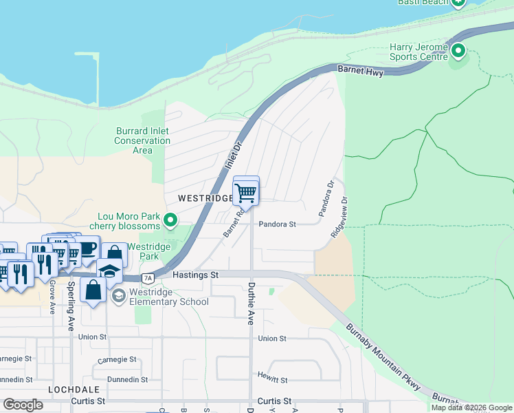 map of restaurants, bars, coffee shops, grocery stores, and more near 7195 Pandora Street in Burnaby