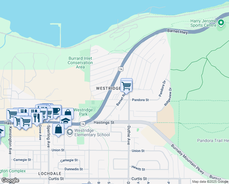 map of restaurants, bars, coffee shops, grocery stores, and more near 7120 Ridge Drive in Burnaby
