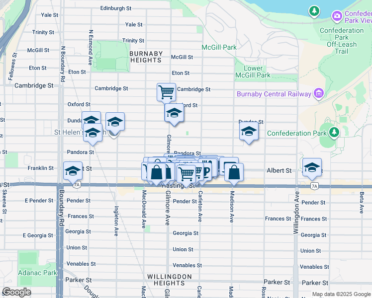 map of restaurants, bars, coffee shops, grocery stores, and more near 4139 Pandora Street in Burnaby