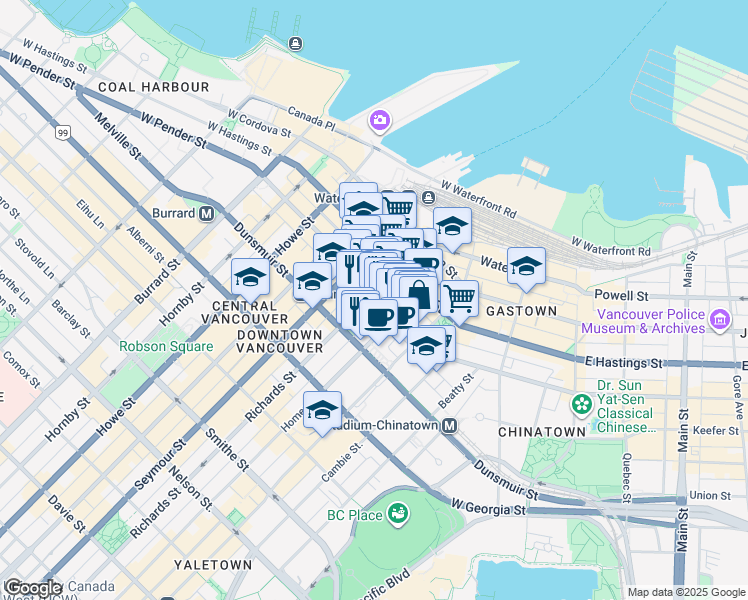 map of restaurants, bars, coffee shops, grocery stores, and more near 454 West Pender Street in Vancouver
