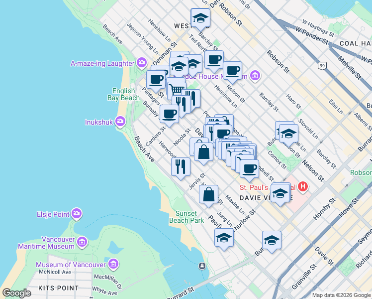 map of restaurants, bars, coffee shops, grocery stores, and more near 1434 Burnaby Street in Vancouver