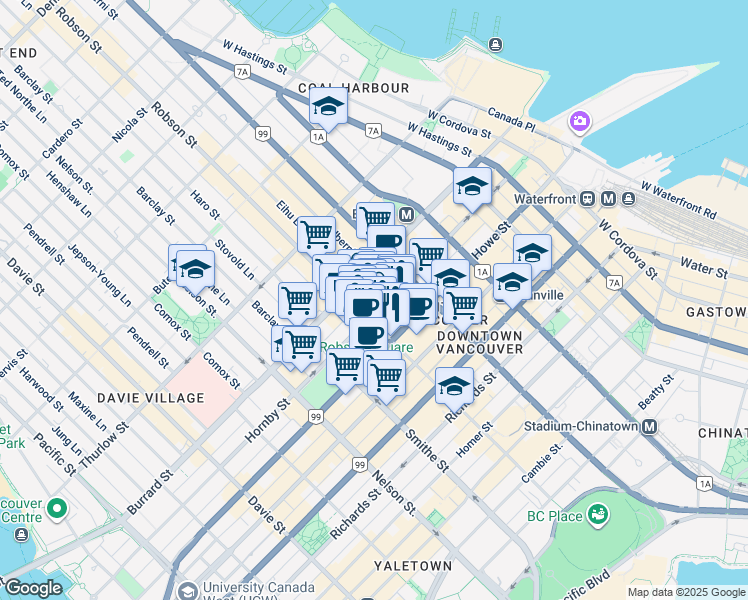map of restaurants, bars, coffee shops, grocery stores, and more near in Vancouver