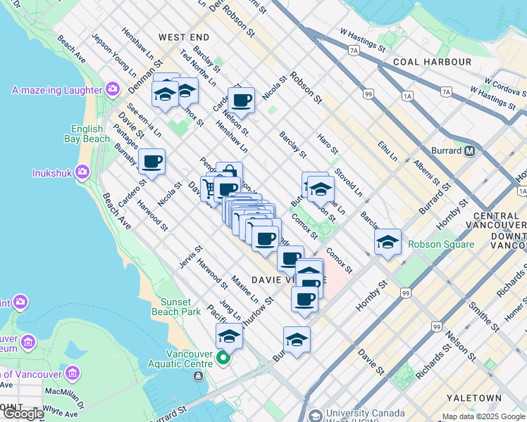map of restaurants, bars, coffee shops, grocery stores, and more near 1255 Pendrell Street in Vancouver