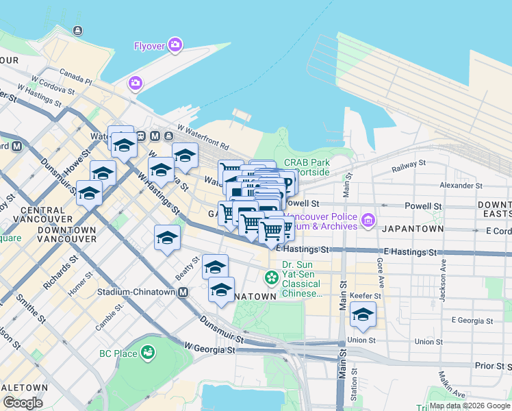 map of restaurants, bars, coffee shops, grocery stores, and more near 27 Blood Alley in Vancouver